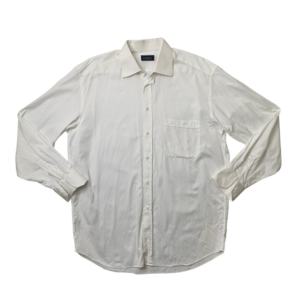 Canali Shirt Mens 16.5 White Cotton Long Sleeve Chest Wedding Business Dress